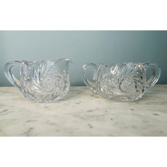 EUC American Brilliant Cut Crystal Glass Pinwheel Creamer Sugar Bowl Set ABP - Picture 1 of 16